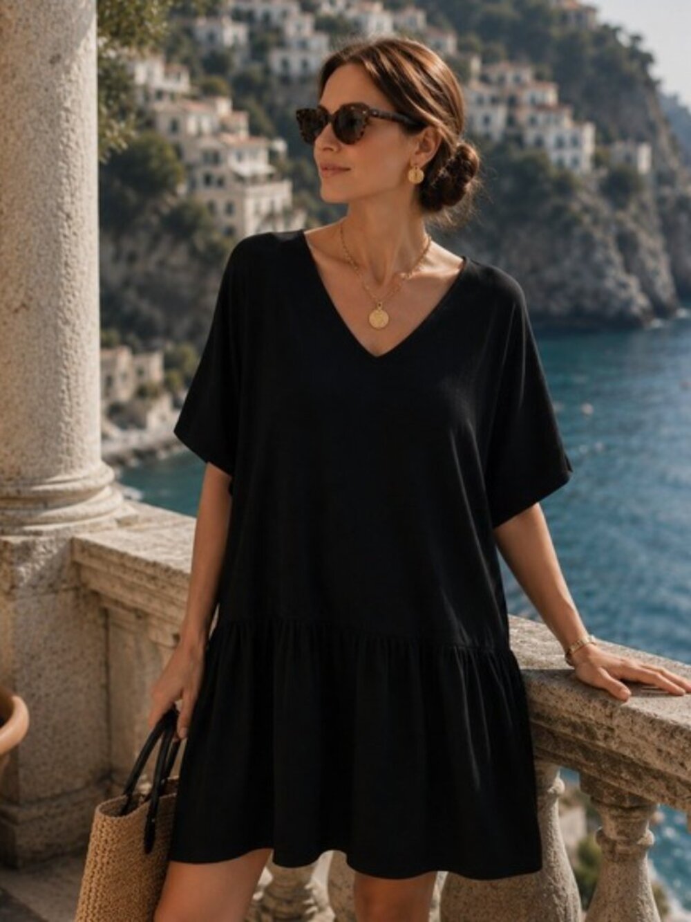 Eileen Fisher Mini Dress V-Neck, Pullover, Black, Size Large, Little Black Dress